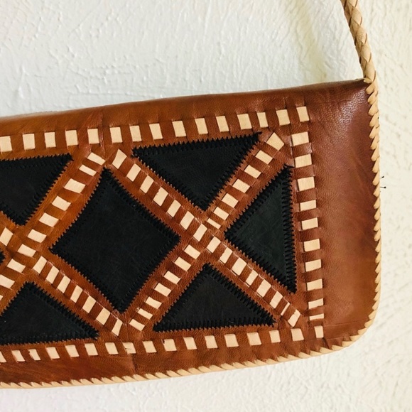 Vintage New Boho Diamond Pattern hand stitched Leather crossbody Bag purse - Picture 9 of 16